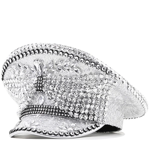 Silver Sequin Rhinestone Captain Hat For Women Sparkly Crystal Bow Military Officer Cap Party Rave Festival Performance