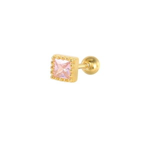 Macro shot of gold square screw-back earring with pink zircon and milgrain texture