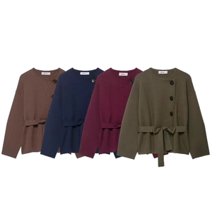 Damen Strickjacke Pullover Jacke Rundhals Langarm Seitliche Knöpfe Mit Gürtel Einfarbig Elegant Lässig