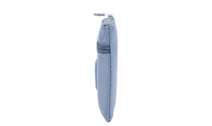Side view of small light blue nylon coin pouch with durable metal zipper closure detail