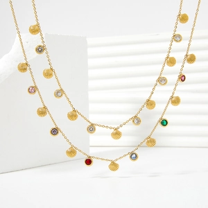 Colorful Zircon Shell Pendant Necklace Stainless Steel Elegant Summer Ocean Style Clavicle Chain Jewelry For Women