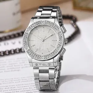 Silver quartz watch with rhinestone bezel and stainless steel link strap for men and women