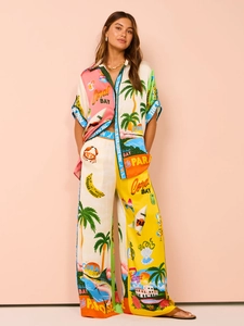 Women's tropical print summer set with short sleeve shirt and wide leg pants in silk-like fabric