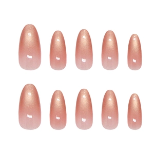 Pink pearlescent cat-eye gradient almond press-on nails set in 10-piece display