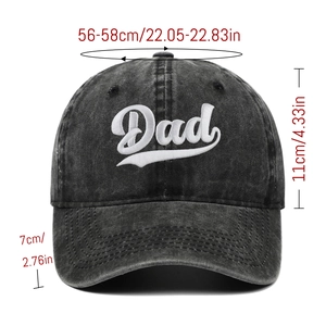 Detailed size chart for washed cotton Dad baseball cap showing brim and head measurements