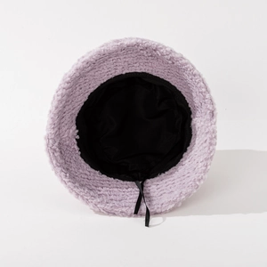 Plush light purple faux lamb wool bucket hat with warm lining and adjustable strap