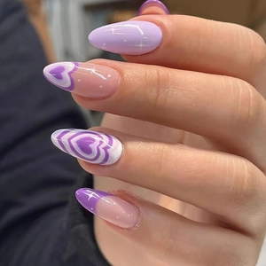 Unghie Finte Mandorla Cuore Viola Stellato Lungo Kit Unghie Artificiali Francesi Lucide Per Donne Ragazze