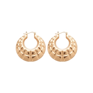 Polished gold metal hoop earrings with quilted texture in a stylish crescent design