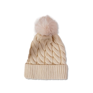 Unisex cable knit winter beanie with cozy pom-pom and thick ribbed cuff in beige cream