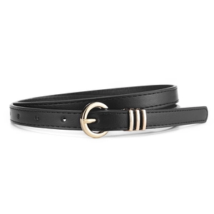 Minimalist black PU leather belt for women with elegant golden C-buckle on white background