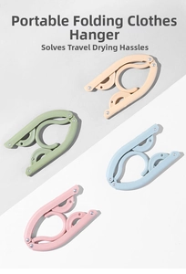 Close-up of portable folding hangers in four colors with compact three-stage design
