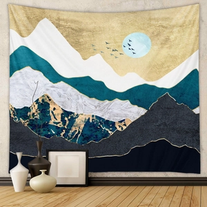 Modern abstract mountain tapestry with golden texture and blue peaks for wall decor