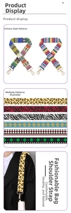 Detail of colorful patterned polyester wide bag straps with durable metal swivel hooks