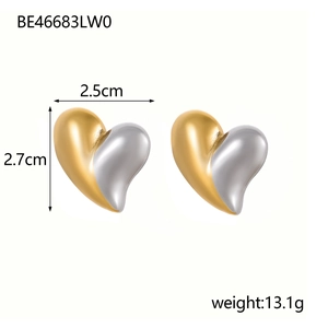 Minimalist 3D heart-shaped stud earrings in polished gold and silver two-tone metal