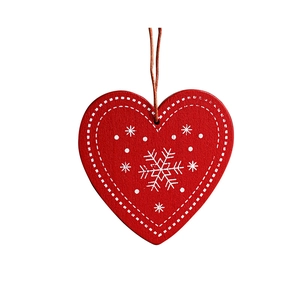 Christmas red wooden heart ornament with white snowflake pattern and hanging string
