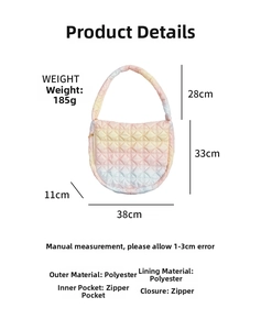 Detailed view of quilted cloud bag with size specs and gradient rainbow polyester fabric