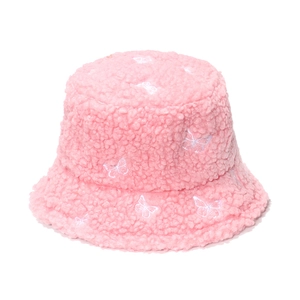 Close-up of pink faux shearling bucket hat featuring white butterfly embroidery detail