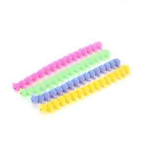 Detailed view of four colorful TPR caterpillar stretch toys in pink, green, blue, and yellow
