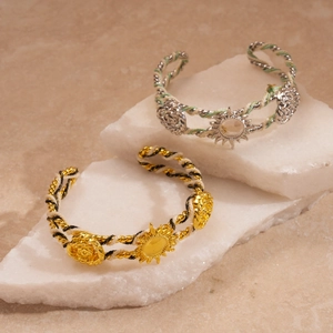 Bohemian braided rope cuff bracelets with sunflower and rose gold/silver metal charms