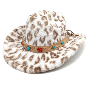 Detail of leopard print faux fur cowboy hat featuring decorative gemstone hat band