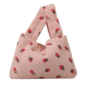 Pink corduroy tote bag with strawberry pattern and Japanese knotted handle design