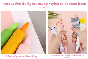 Detail of 0.5mm nib and soft squishy PU material on cartoon stress relief pens