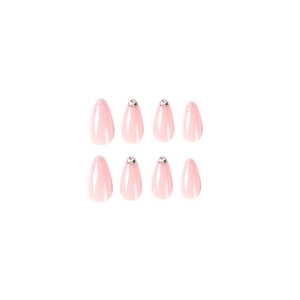 Pink almond-shaped press-on nails set with glitter gradient and rhinestone accents