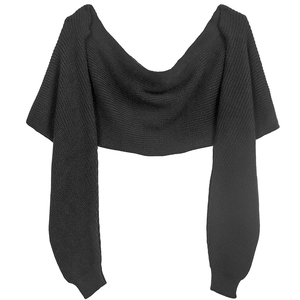 Detailed close-up of a black knit bolero shrug flat lay on a white background