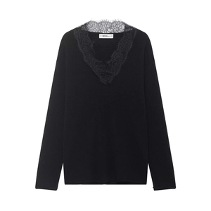 Women V Neck Knitted Top Long Sleeve Lace Patchwork Elegant Slim Pullover Sweater