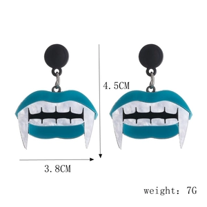 Blue acrylic vampire lip earrings with white fangs and dimensions of 4.5CM by 3.8CM