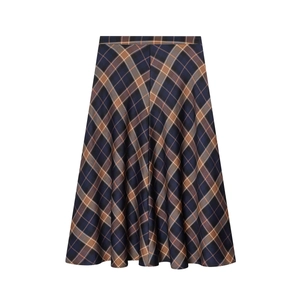 Plaid A-line midi skirt featuring classic dark blue and brown twill check patterns