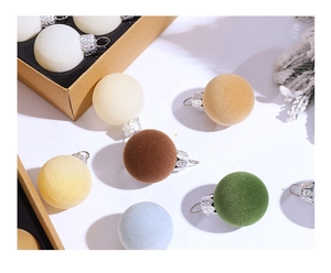 Detailed view of 3cm flocked Christmas balls in earthy tones with silver hanging loops