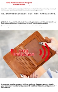 Detail view of RFID blocking leather passport holder with multiple card slots and secure pockets