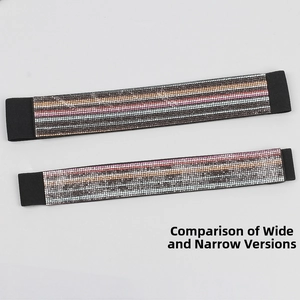 Detail comparison of wide and narrow elastic belts with multi-color rhinestone inlay