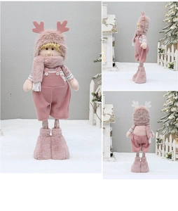 Detailed front, side and back view of a pink plush reindeer doll for Christmas decoration