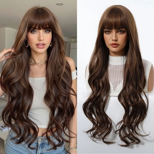 Detail of dark brown long wavy synthetic wig with bangs shown on model and mannequin