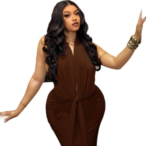 Sexy dark brown halter neck maxi dress with waist tie and ruched detail for women