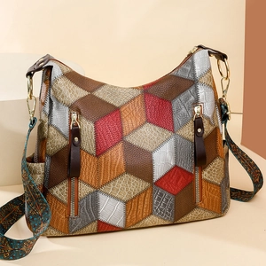 Quilted patchwork tote bag in brown and beige with ethnic style shoulder strap