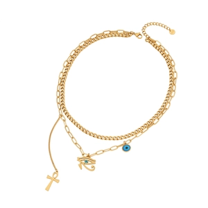 Double-layered gold stainless steel necklace with Eye of Horus and Ankh cross pendants