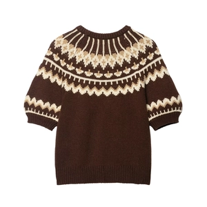 Vintage brown Fair Isle knit sweater with geometric patterns and short sleeves