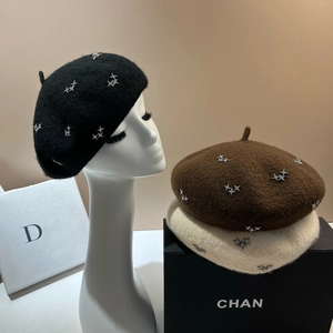 Sparkly rhinestone star wool lamb velvet beret set in black, mocha brown and cream