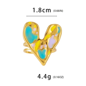 Adjustable gold plated stainless steel heart ring with colorful enamel drip oil finish