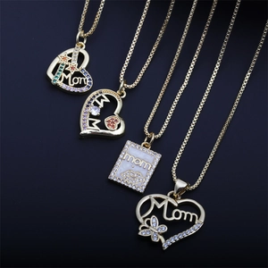 Gold Mom heart pendant necklaces with colorful cubic zirconia and star butterfly charms