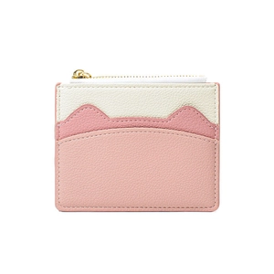Pink and beige cat-ear mini wallet in lychee leather with gold zipper for women