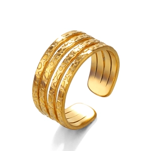 4-layer hammered texture stainless steel open ring with 18K gold plated multi-strand design