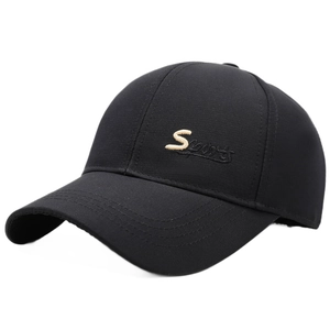 Men's black baseball cap with golden S Sports embroidery and structured six-panel design