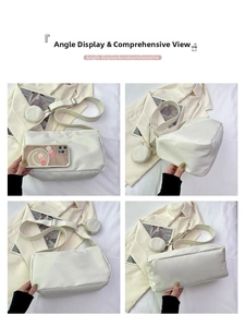 Detail view of white minimalist tote bag set with adjustable strap and small round pouch