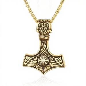 Golden stainless steel Viking Mjolnir pendant necklace with intricate vintage carvings