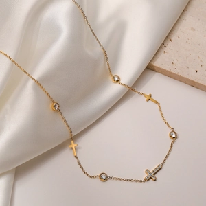 Gold plated titanium steel cross necklace with zircon charms on elegant silk and stone