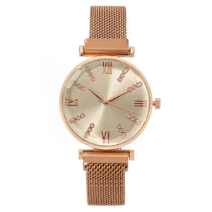 Women Fashion Quartz Watch With Milanese Metal Mesh Band Magnetic Buckle Roman Numeral Dial Rhinestone Elegant Ladies Wristwatch Jewelry